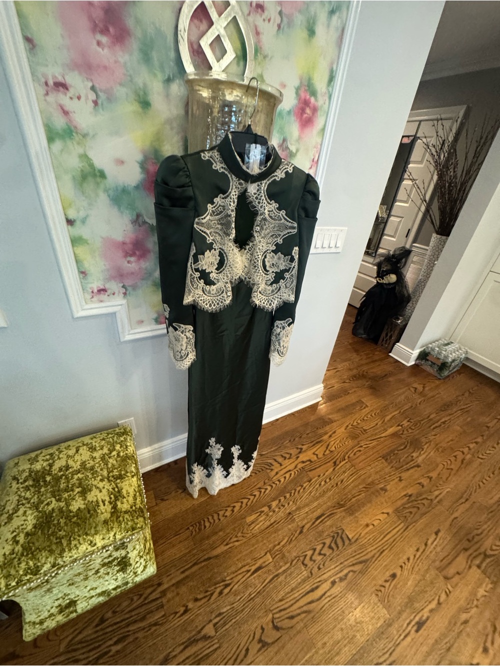 Alice + Olivia Emerald Green Strapless Dress with Ivory Lace Overlay